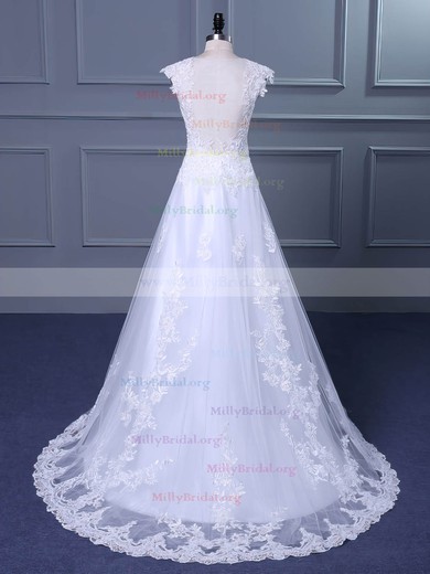Princess V-neck Tulle Sweep Train with Appliques Lace Wedding Dresses #Milly00023047