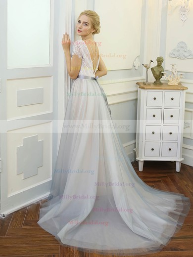 A-line Scoop Neck Tulle Lace Sweep Train with Sashes / Ribbons Wedding Dresses #Milly00023061