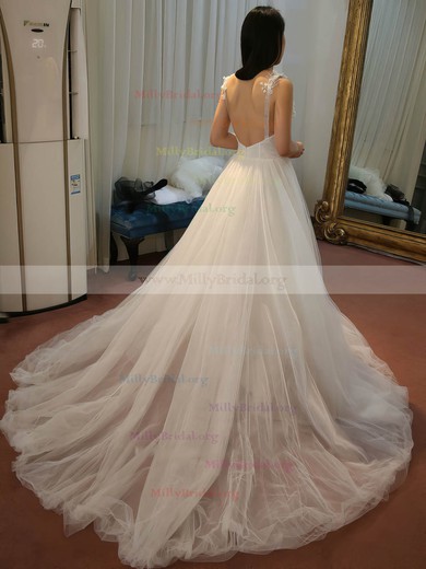 Ball Gown V-neck Tulle Sweep Train with Appliques Lace Wedding Dresses #Milly00023062