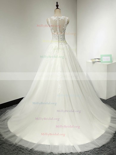 Ball Gown Scoop Neck Tulle Sweep Train with Appliques Lace Wedding Dresses #Milly00023064