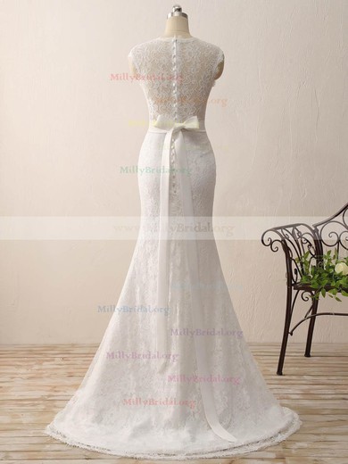 Trumpet/Mermaid V-neck Lace Sweep Train with Sashes / Ribbons Wedding Dresses #Milly00023075