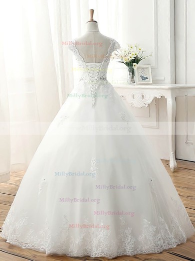 Ball Gown V-neck Tulle Floor-length with Beading Wedding Dresses #Milly00023077