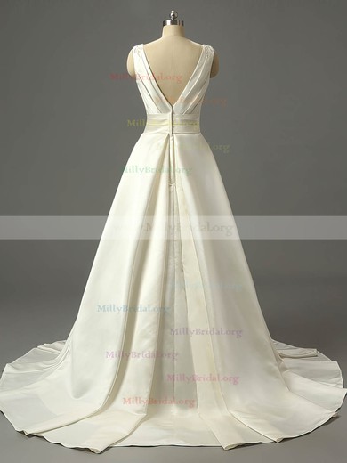 Ball Gown V-neck Satin Sweep Train with Ruffles Wedding Dresses #Milly00023079
