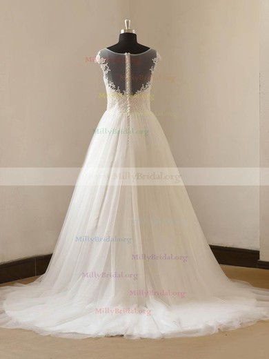Princess Scoop Neck Tulle Sweep Train with Appliques Lace Wedding Dresses #Milly00023088