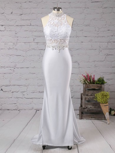 Trumpet/Mermaid High Neck Lace Jersey Sweep Train Beading Prom Dresses #Milly020104545