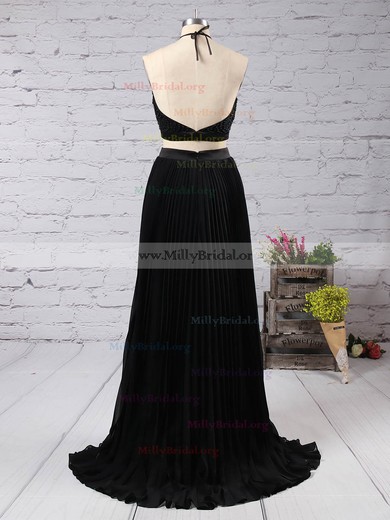 A-line Halter Chiffon Sweep Train Beading Prom Dresses #Milly020104568