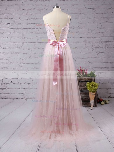 A-line V-neck Lace Tulle Sweep Train Sashes / Ribbons Prom Dresses #Milly020104569