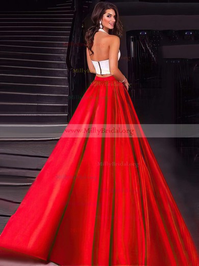 Ball Gown Halter Satin Floor-length Pockets Prom Dresses #Milly020104589