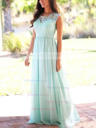 A-line Scoop Neck Lace Chiffon Floor-length Sashes / Ribbons Prom Dresses #Milly020104579