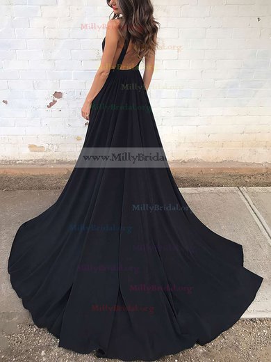 Princess V-neck Silk-like Satin Sweep Train Pockets Prom Dresses #Milly020104837