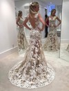 Trumpet/Mermaid V-neck Tulle Sweep Train Appliques Lace Prom Dresses #Milly020104906