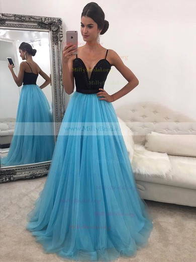 Princess V-neck Tulle Floor-length Beading Prom Dresses #Milly020104942