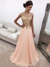 Princess Scoop Neck Chiffon Sweep Train Appliques Lace Prom Dresses #Milly020104946