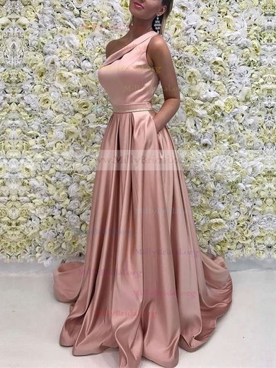 A-line One Shoulder Satin Sweep Train Sashes / Ribbons Prom Dresses #Milly020104815