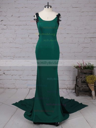 Trumpet/Mermaid Square Neckline Jersey Sweep Train Appliques Lace Prom Dresses #Milly020104825