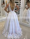 Princess V-neck Tulle Sweep Train Appliques Lace Prom Dresses #Milly020104828