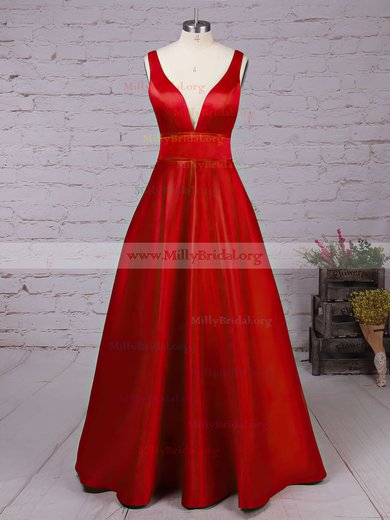 Princess V-neck Satin Floor-length Prom Dresses #Milly020104832