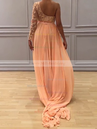 Sheath/Column One Shoulder Chiffon Sweep Train Appliques Lace Prom Dresses #Milly020104983