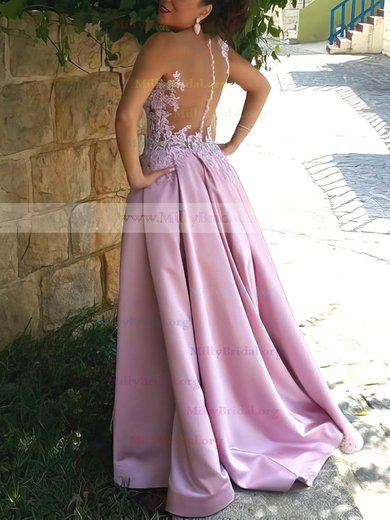 Princess V-neck Satin Sweep Train Appliques Lace Prom Dresses #Milly020105023