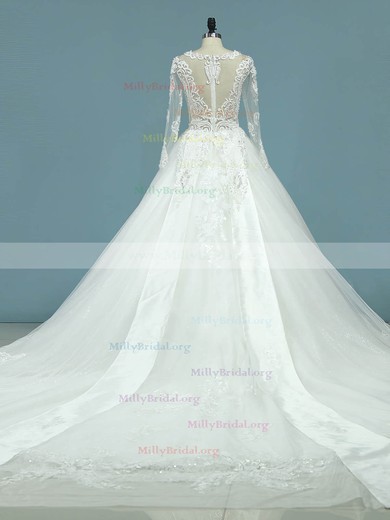 Ball Gown Scoop Neck Tulle Chapel Train Beading Wedding Dresses #Milly00023094
