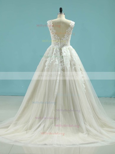 Ball Gown V-neck Tulle Sweep Train Sequins Wedding Dresses #Milly00023095