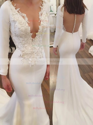Trumpet/Mermaid Scoop Neck Satin Tulle Sweep Train Appliques Lace Wedding Dresses #Milly00023096