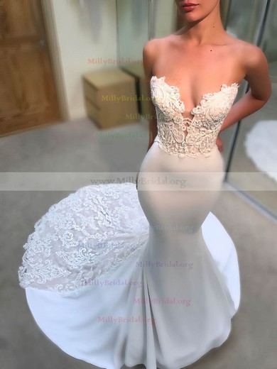 Trumpet/Mermaid V-neck Lace Silk-like Satin Sweep Train Appliques Lace Wedding Dresses #Milly00023119