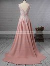 A-line V-neck Silk-like Satin Sweep Train Appliques Lace Prom Dresses #Milly020105179