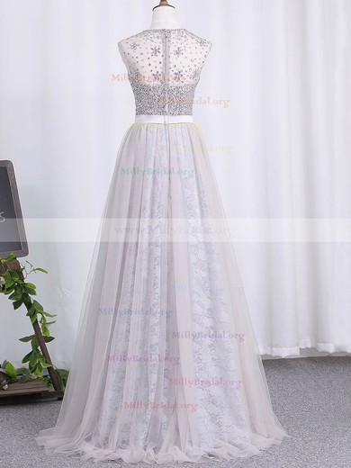 A-line Scoop Neck Lace Tulle Floor-length Beading Prom Dresses #Milly020105181