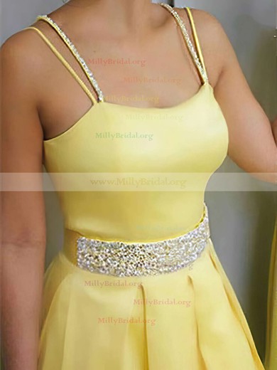 A-line Square Neckline Satin Sweep Train Beading Prom Dresses #Milly020105212