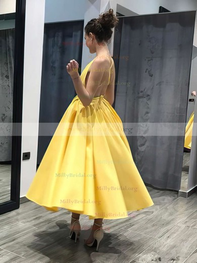 Ball Gown V-neck Satin Ankle-length Prom Dresses #Milly020105219