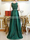 A-line Scoop Neck Lace Satin Asymmetrical Pockets Prom Dresses #Milly020105260