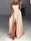 A-line V-neck Silk-like Satin Sweep Train Appliques Lace Prom Dresses #Milly020105296