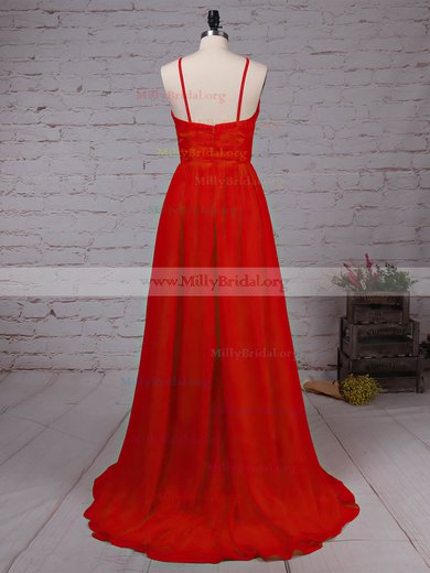 A-line Scoop Neck Lace Chiffon Sweep Train Split Front Prom Dresses #Milly020105340