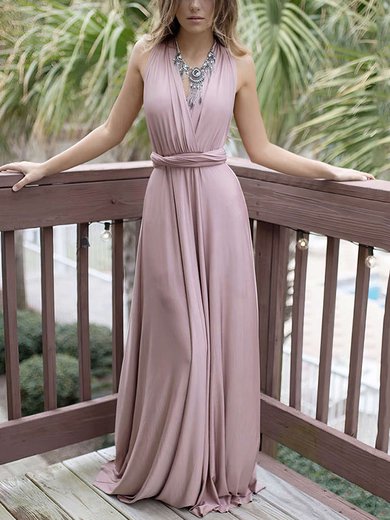A-line V-neck Silk-like Satin Sweep Train Sashes / Ribbons Prom Dresses #Milly020105349