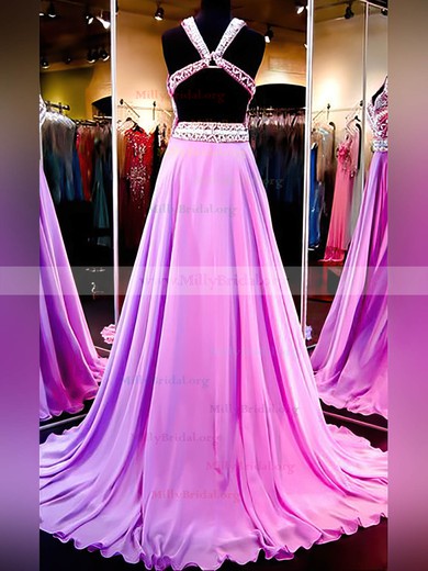 Princess V-neck Chiffon Sweep Train Beading Prom Dresses #Milly020105352