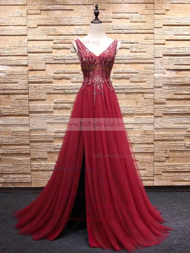 Princess V-neck Tulle Sweep Train Beading Prom Dresses #Milly020105361