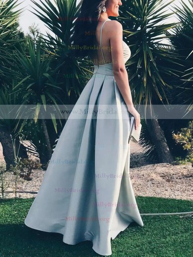 A-line V-neck Satin Floor-length Prom Dresses #Milly020105365