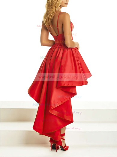 A-line V-neck Satin Asymmetrical Appliques Lace Prom Dresses #Milly020105369