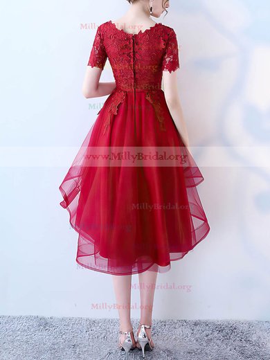 A-line Scoop Neck Tulle Asymmetrical Appliques Lace Prom Dresses #Milly020105383