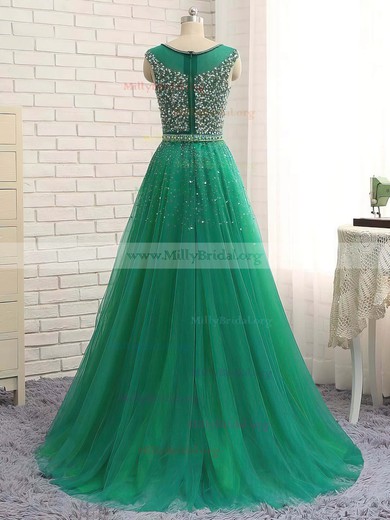 Ball Gown Scoop Neck Tulle Sweep Train Beading Prom Dresses #Milly020105410