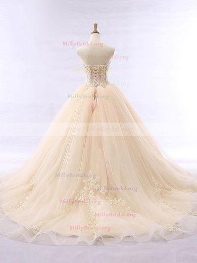 Ball Gown Strapless Tulle Court Train Appliques Lace Prom Dresses #Milly020105438