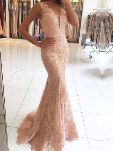 Trumpet/Mermaid V-neck Lace Tulle Sweep Train Beading Prom Dresses #Milly020105460