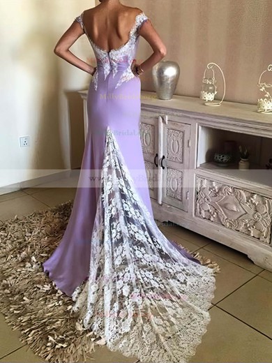 Trumpet/Mermaid V-neck Silk-like Satin Sweep Train Appliques Lace Prom Dresses #Milly020105490