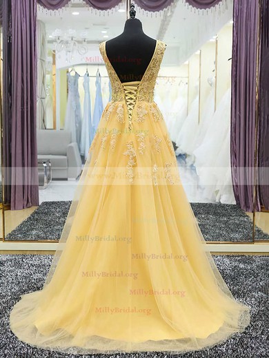 Princess V-neck Tulle Sweep Train Appliques Lace Prom Dresses #Milly020105560