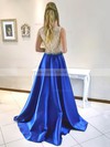 Princess Scoop Neck Satin Sweep Train Beading Prom Dresses #Milly020105567