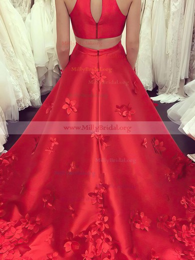 Princess High Neck Satin Sweep Train Appliques Lace Prom Dresses #Milly020105570