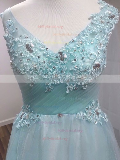 Princess V-neck Tulle Sweep Train Beading Prom Dresses #Milly020105579