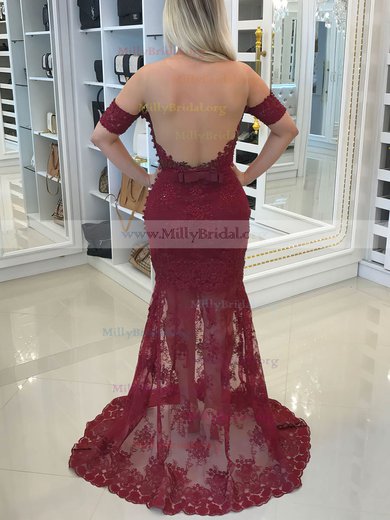 Trumpet/Mermaid Scoop Neck Lace Tulle Sweep Train Appliques Lace Prom Dresses #Milly020105635