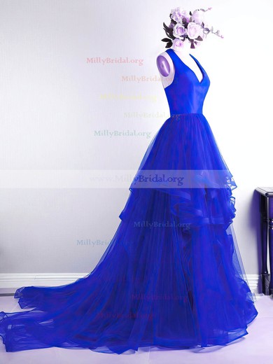 Princess Halter Organza Sweep Train Cascading Ruffles Prom Dresses #Milly020105670